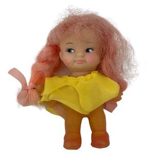 VTG 60s Hong Kong UDCO Pee Wee Girl Doll Rubber Head Plastic Body 4” Pink Hair